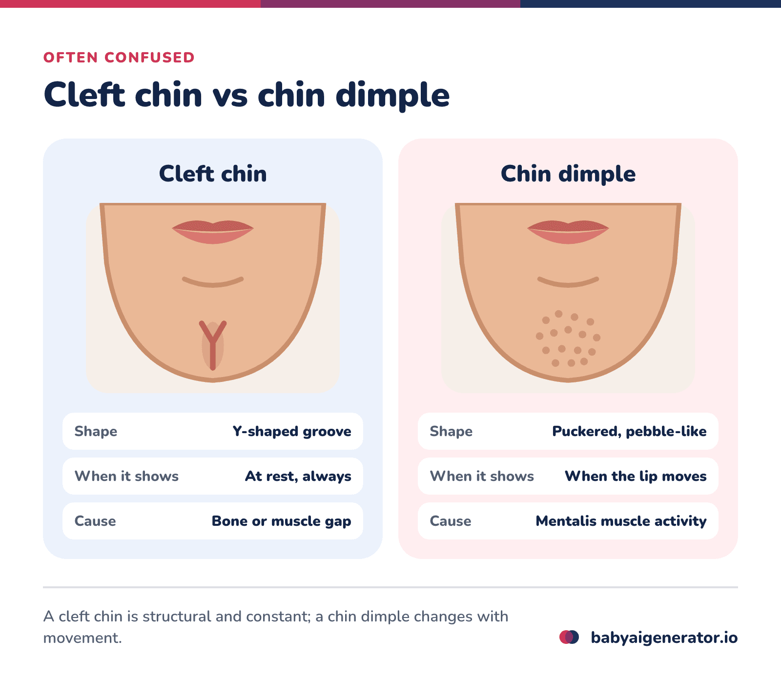 Infographic: a cleft chin is a constant Y-shaped groove that shows at rest, while a chin dimple is a puckered, pebble-like texture that shows mostly when the lower lip moves