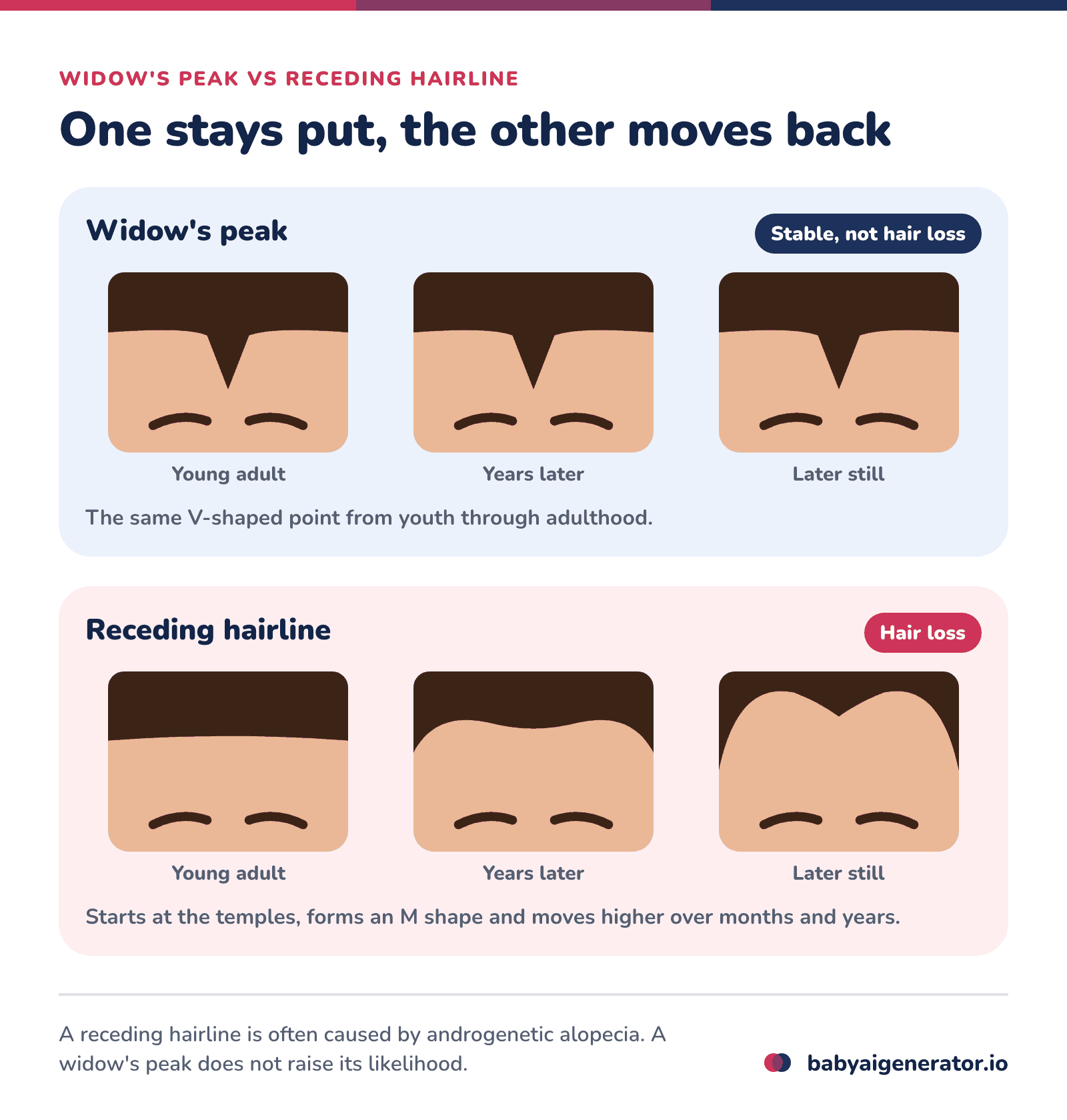 Infographic: over the years a widow's peak keeps the same V-shaped hairline, while a receding hairline pulls back at the temples into an M shape and moves higher on the forehead